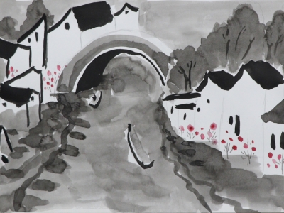 臨摹作品－臨摹吳冠中老師的《宏村》。我用了黑色的墨水來完成這幅畫作。在城市中央有一條小溪，村民們藉著小溪來載送貨物，房屋旁還有許多樹木圍繞著。