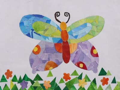 嘗試－馬賽克是我第一次畫的畫，從塗色到做出作品都是自己畫的，要拚出圖畫時，要先從三角形的畫紙，拼成蝴蝶的時候，牠的翅膀我花兩節課的時間才完成，要很有耐心，自己覺得很棒！