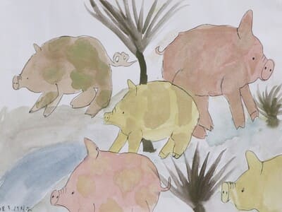 五隻小豬－我畫的時候突然想到我在班上的座號是 5 號，而我現在也是五年級，所以就決定畫 5 隻豬，而我最得意的地方是背景，因為有畫出重疊的感覺！