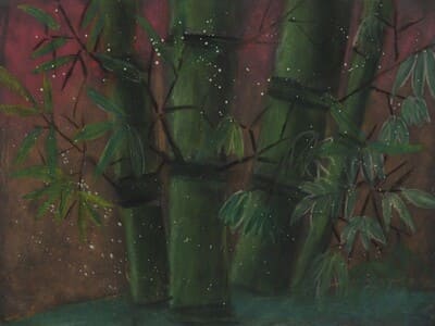 竹林記－這是我第一次畫竹林，這次是畫竹的根部，畫中我用粉彩淡淡地描繪背景，才畫出很像仙境的感覺，畫完之後覺得很簡單！