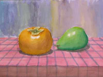 作品名稱：我夢想的暑假生活
作品簡介：暑假期間我想要增進自己的水彩技巧，這次畫的是柿子跟西洋梨，秋天是吃柿子的季節，看了是不是就想要咬一口呢。
