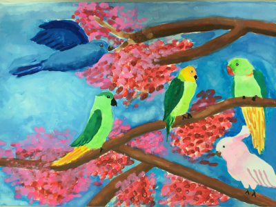 作品名稱 ：我想像中的櫻花鳥 

作品簡介 ：我喜歡在平常的日子裡找到靈感，去畫出自己想像中的作品。 

(社工補充說明：所有的櫻花鳥中，小舵手先畫出自己想像中的櫻花鳥，為粉色且帶有仙氣) 


