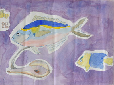魚－水彩技巧練習，魚類造型觀察及水分、色彩運用練習。