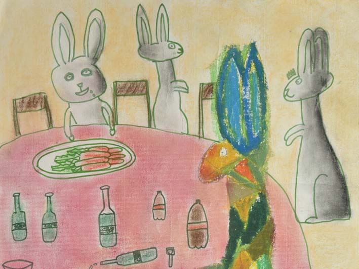 兔子吃大餐－柏賢是個聯想力強，一有想法就可以快速創作，第一次觀察他在繪畫時很投入，兔子吃大餐也是柏賢的創意，喜歡熱鬧一起吃飯的感覺。
