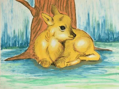 小鹿－粉蠟筆是一個很棒的媒材，可以染色就想水彩。我畫的是迷路的小鹿只能捲曲在樹林裡，一副無助卻不知道害怕的樣子，森林裡有很多危險還有獵人哦！趕快回家，家人在等著你的。
