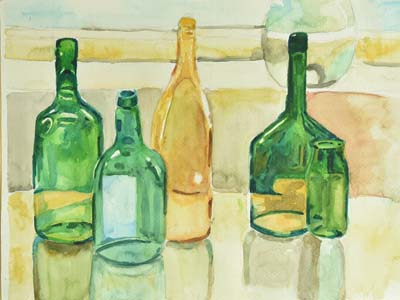 瓶子靜物－透明光澤的表現是畫瓶子的重要學習目的。藉著水彩顏色的變化呈現光照在瓶子所產生折射與背景的互動的表現很有意思。瓶子也代表著平安，用這張畫祝福愛我的人我愛的人都能平平安安。